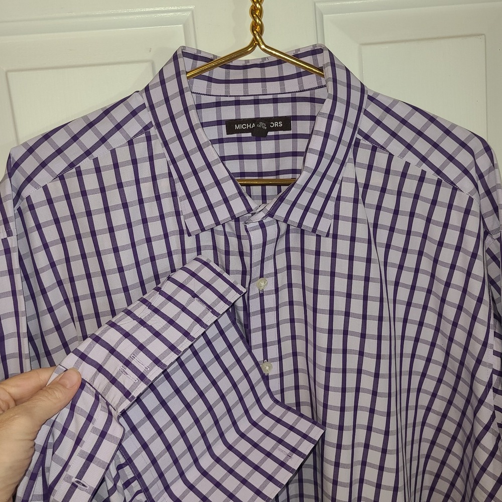 Michael Kors Men's Button-Up Purple Plaid Long Sleeve Cuff Links 20 34/35
